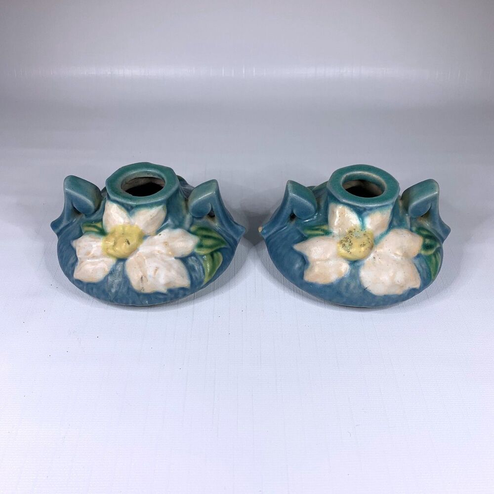 Vintage Roseville Pottery Candle Holders Clematis Shabby Decor Cottagecore